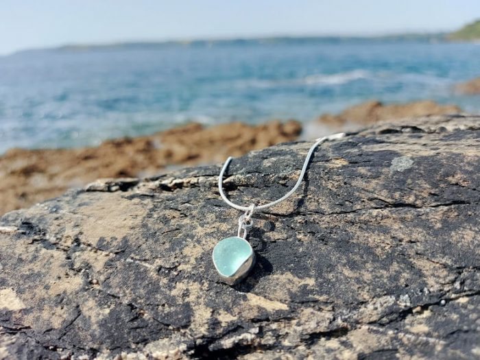 Cornish aqua sea glass silver necklace 4