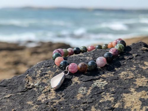 Pink Tourmaline Bracelet & White Sea Glass Charm 1