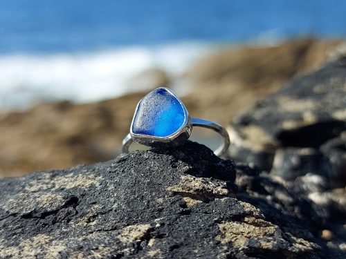 Blue Sea Glass Silver Ring