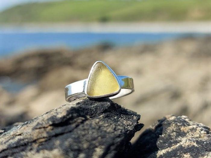 Yellow seaglass Silver Ring