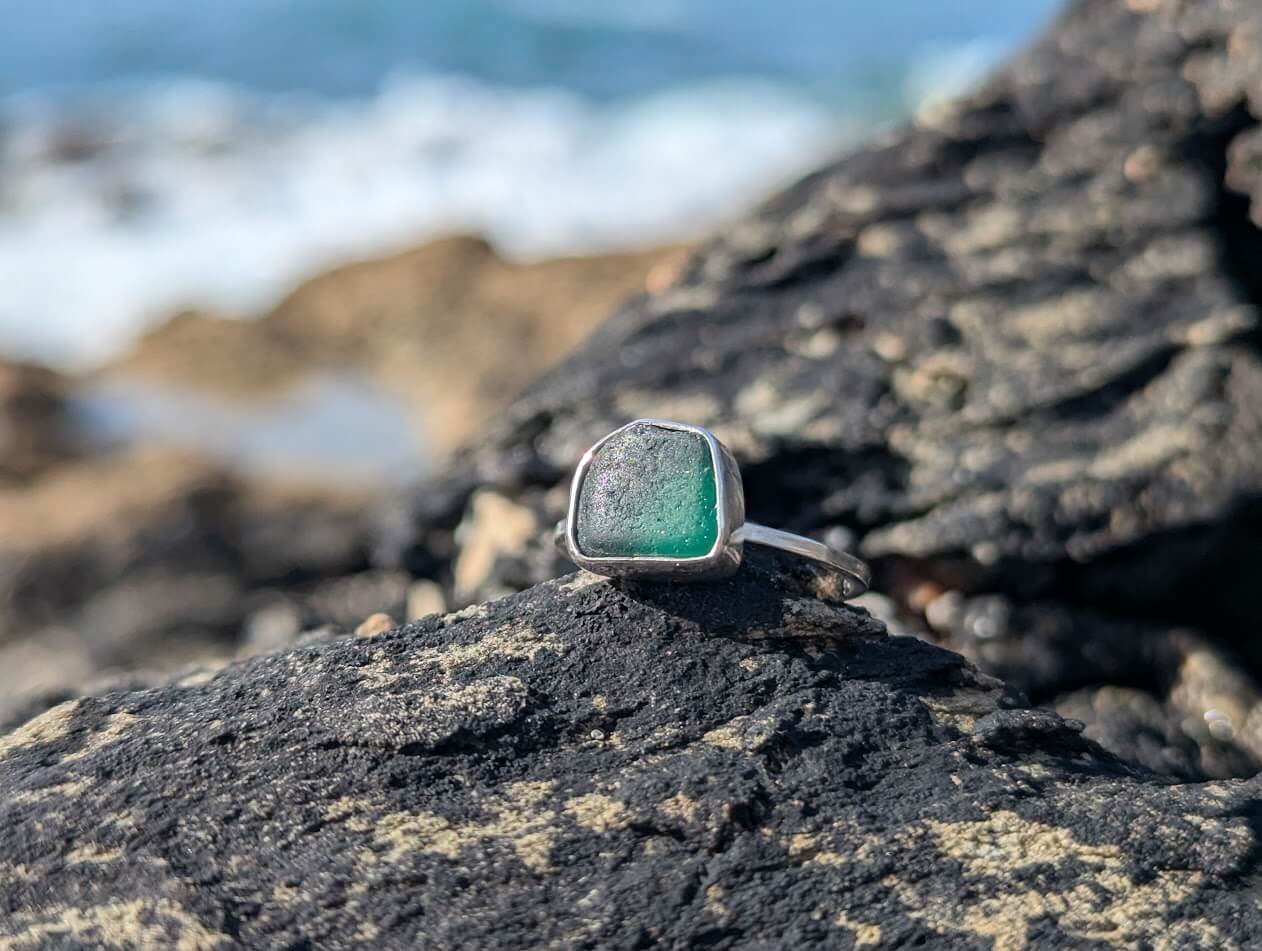 Sea Glass Ring Silver Teal Size P 1