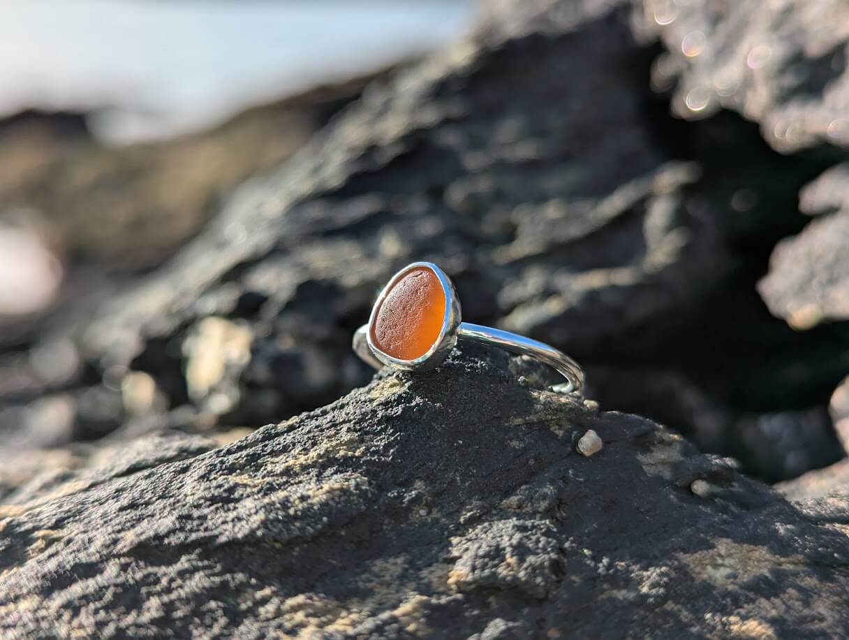Orange Seaglass Ring 925 Sterling Silver • Size P - Image 3
