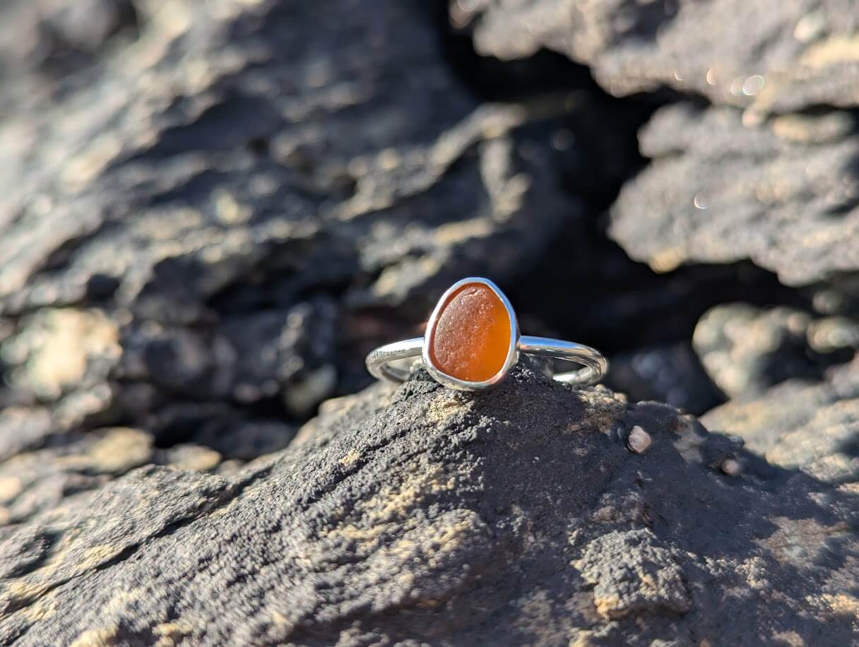 Orange Seaglass Ring 925 Sterling Silver • Size P - Image 5