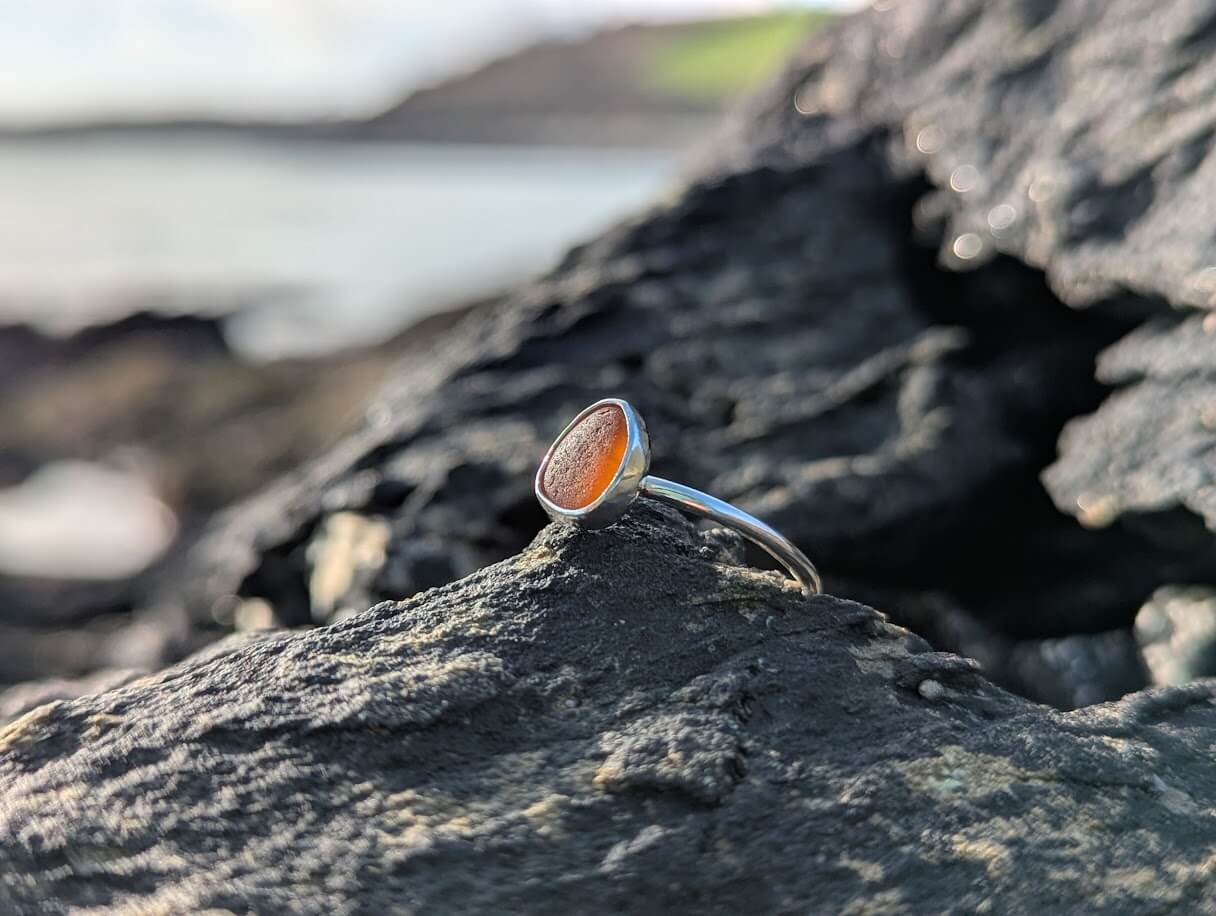 Orange Seaglass Ring 925 Sterling Silver • Size P - Image 6