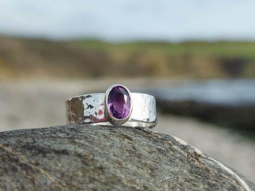 Amethyst Silver Ring Hammered Wide 1