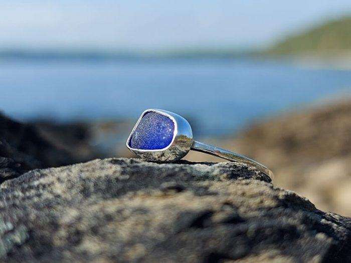 Blue Cornish Seaglass Silver Ring
