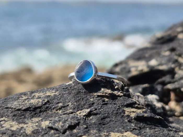 Cornish Sea Glass Ring Blue 925 Sterling Silver • Size P - Image 4