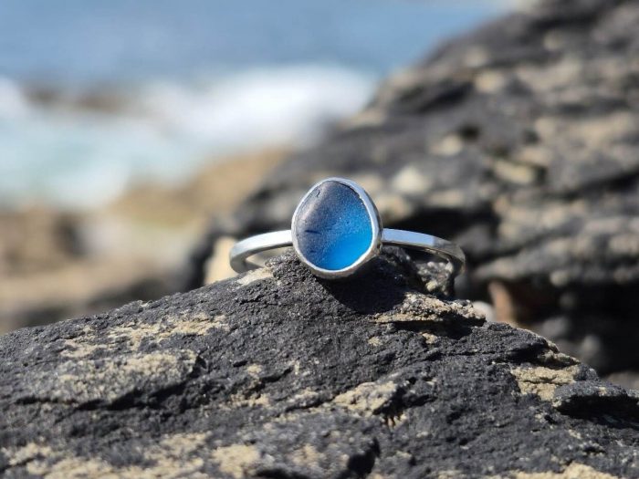 Cornish Sea Glass Ring Blue 925 Sterling Silver • Size P - Image 5