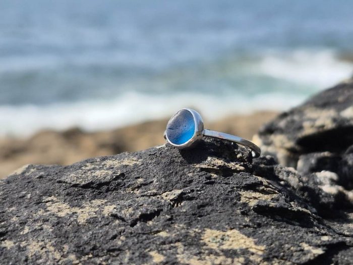 Cornish Sea Glass Ring Blue 925 Sterling Silver • Size P - Image 6