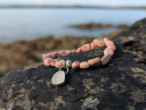 Sea Glass Silver Bracelet Rhodochrosite & White Sea Glass 1