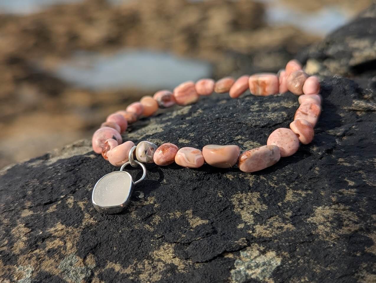 Sea Glass Silver Bracelet - Rhodochrosite & White Sea Glass - Image 3