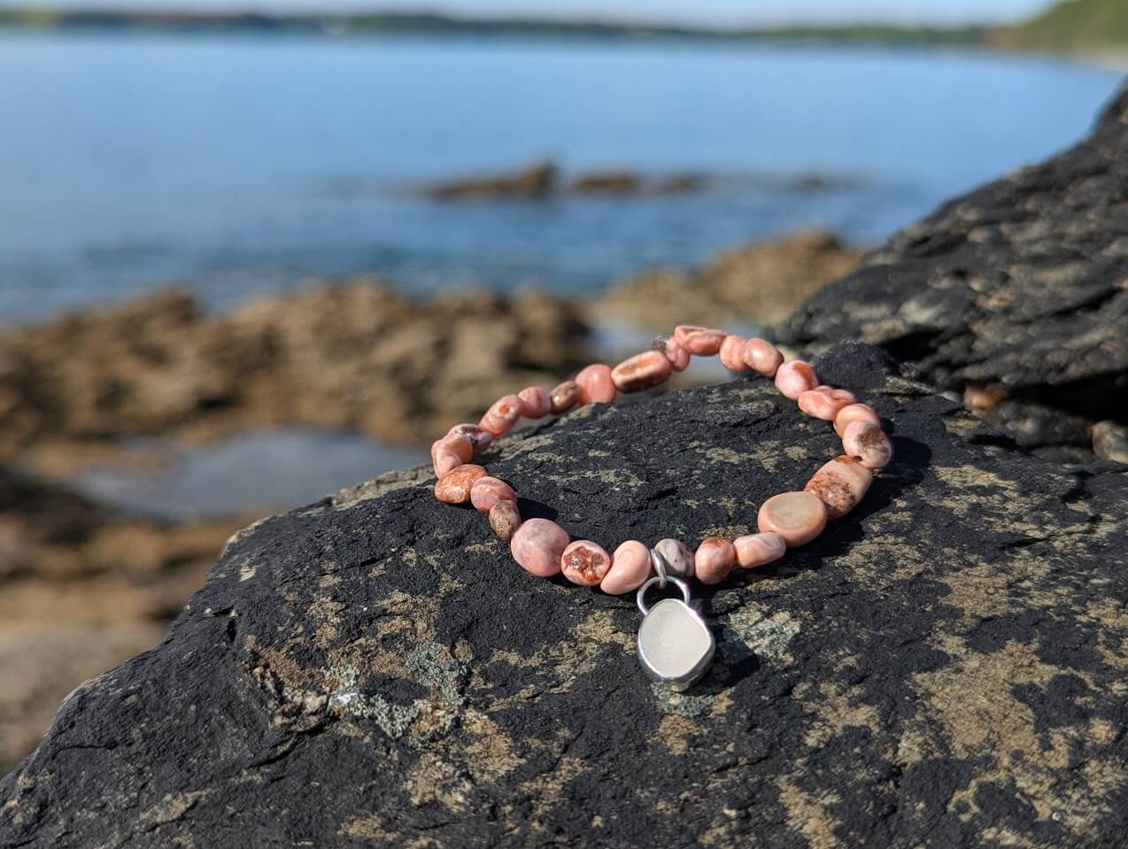 Sea Glass Silver Bracelet - Rhodochrosite & White Sea Glass - Image 4