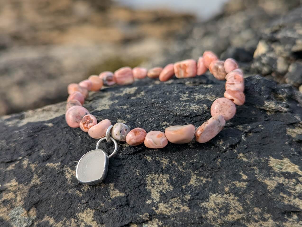 Sea Glass Silver Bracelet - Rhodochrosite & White Sea Glass - Image 5