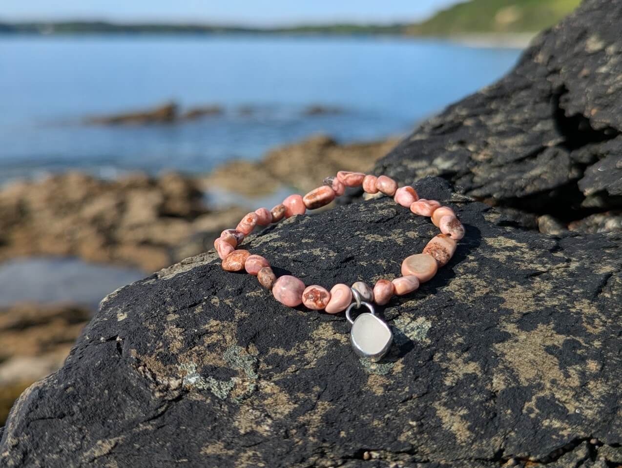Sea Glass Silver Bracelet - Rhodochrosite & White Sea Glass - Image 6