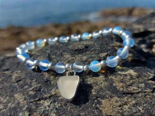 White Sea Glass Charm Opalite Bead Bracelet 1