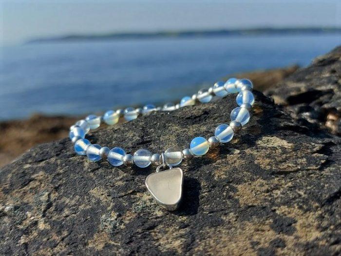 White Sea Glass Charm Opalite Bead Bracelet 2