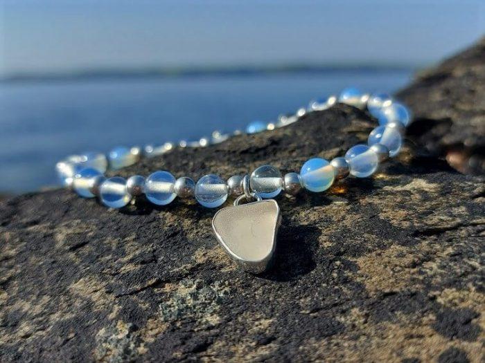 White Sea Glass Charm Opalite Bead Bracelet 3