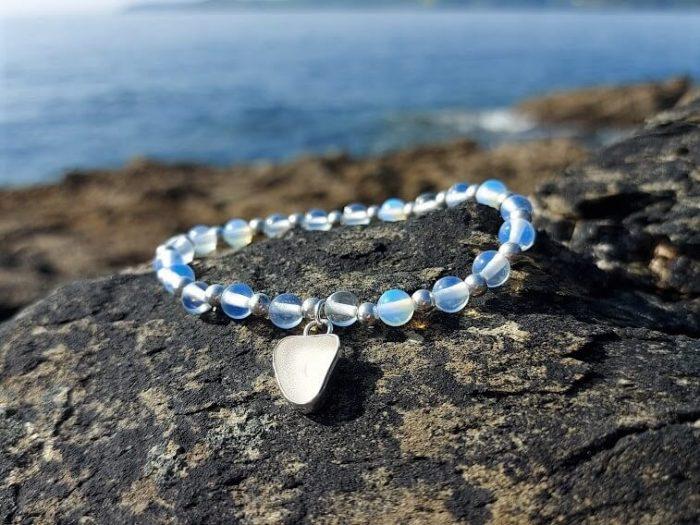 White Sea Glass Charm Opalite Bead Bracelet 4