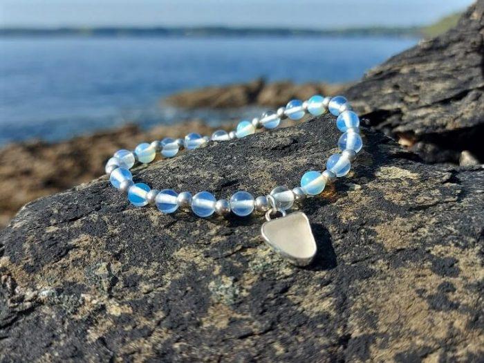 White Sea Glass Charm Opalite Bead Bracelet 5
