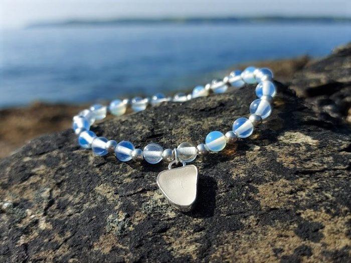 White Sea Glass Charm Opalite Bead Bracelet 6