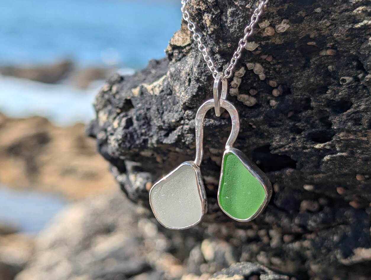 Silver Sea Glass Necklace White & Green 1