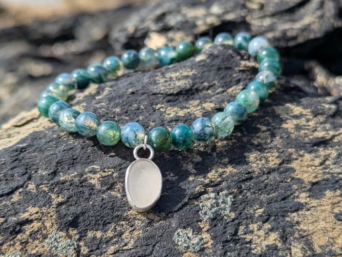 Moss Agate Bracelet with White Sea Glass Charm - Image 2