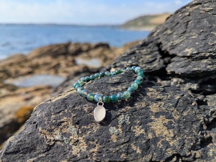 Moss Agate Bracelet with White Sea Glass Charm - Image 3