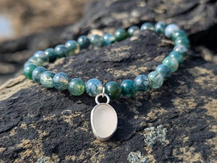 Moss Agate Bracelet with White Sea Glass Charm - Image 5