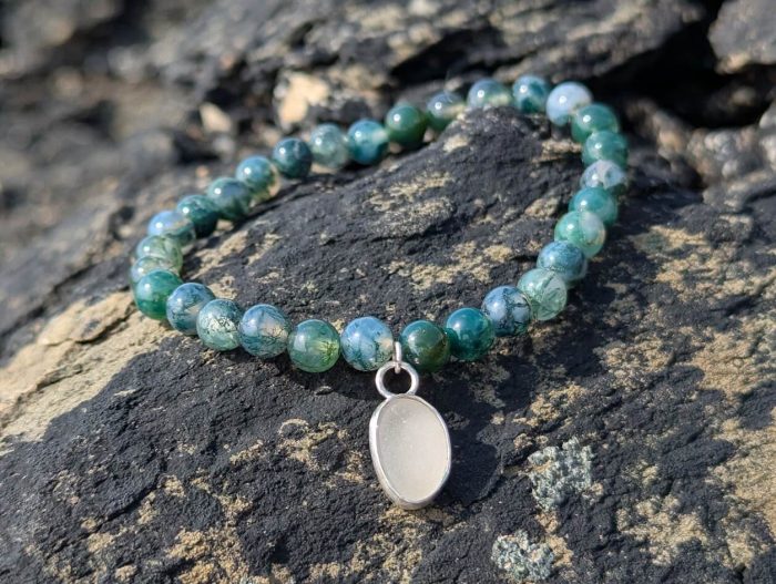 Moss Agate Bracelet with White Sea Glass Charm - Image 6