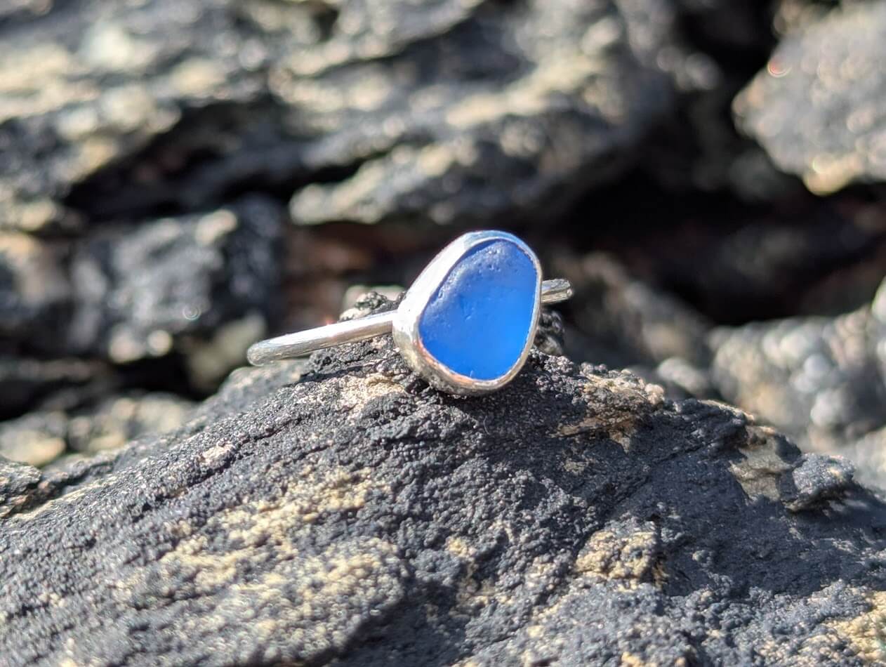 Sea Glass Blue Ring 925 Sterling Silver • Size L - Image 3