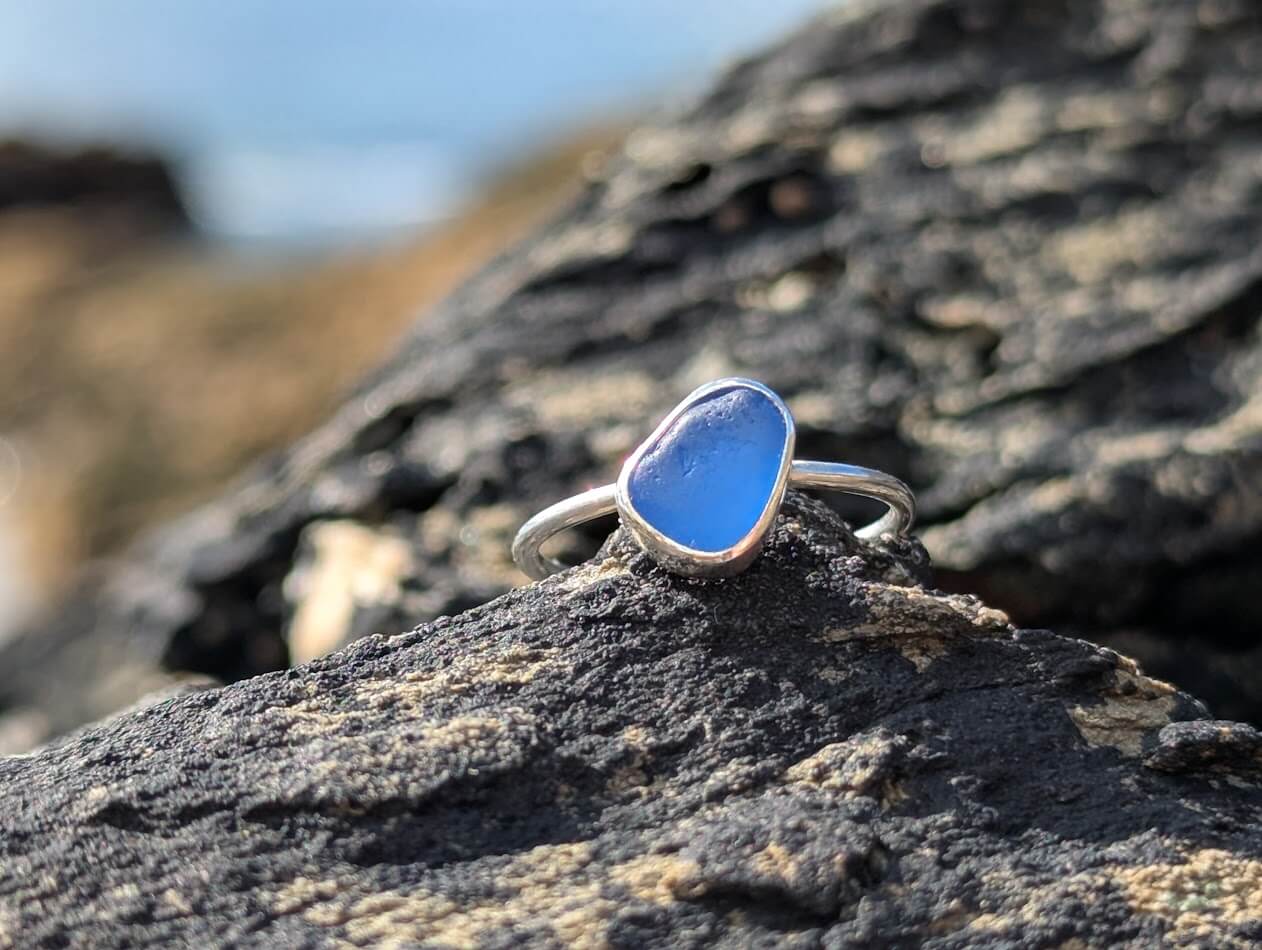 Sea Glass Blue Ring 925 Sterling Silver • Size L - Image 4