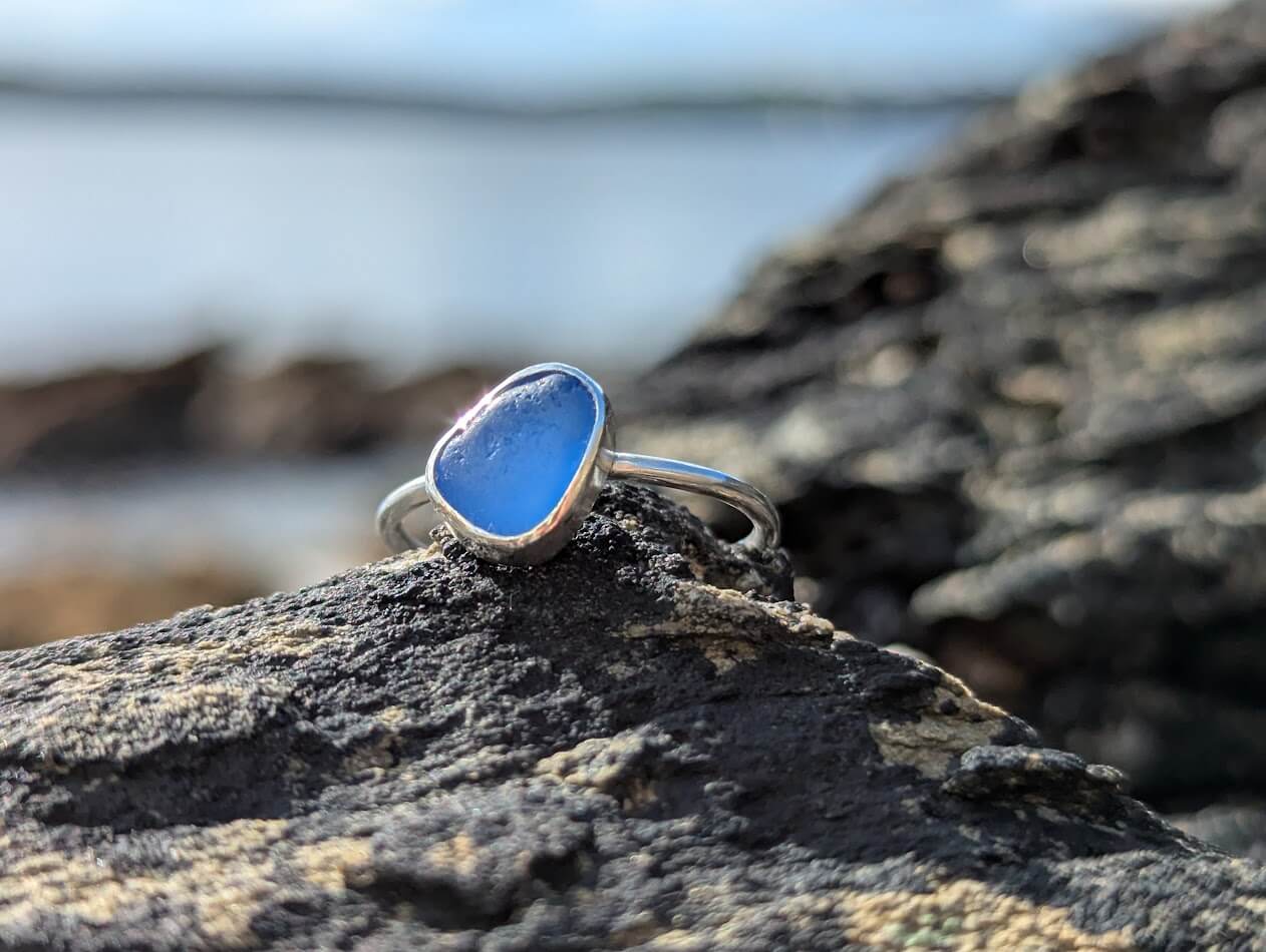 Sea Glass Blue Ring 925 Sterling Silver • Size L - Image 5