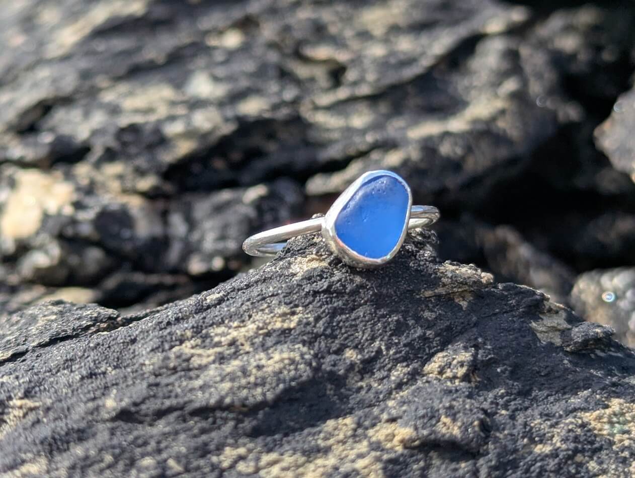 Sea Glass Blue Ring 925 Sterling Silver • Size L - Image 6
