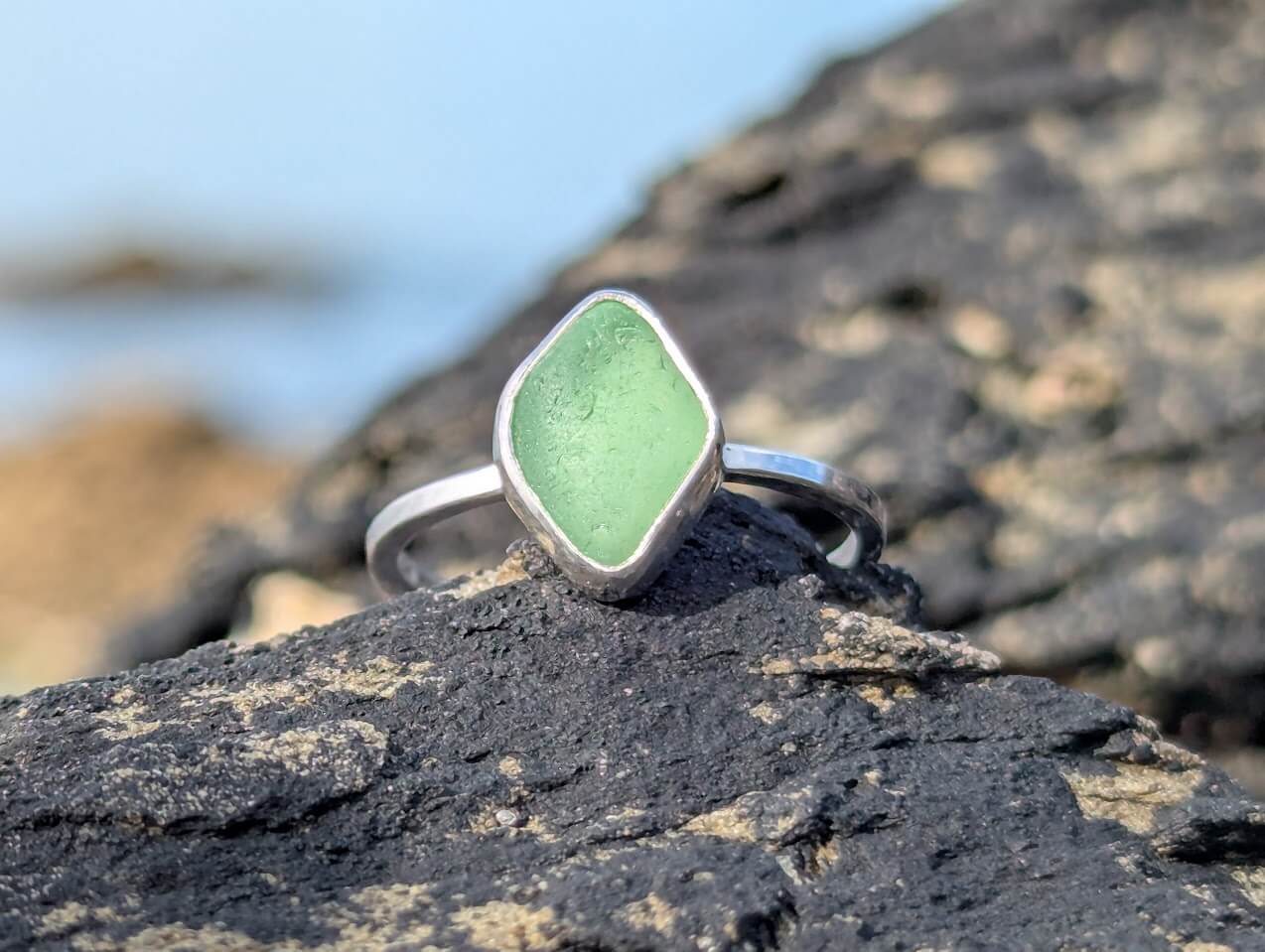 Sea Glass Ring Green 925 Sterling Silver 1