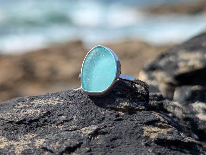 Aqua Sea Glass Ring 925 Sterling Silver • Size L - Image 6