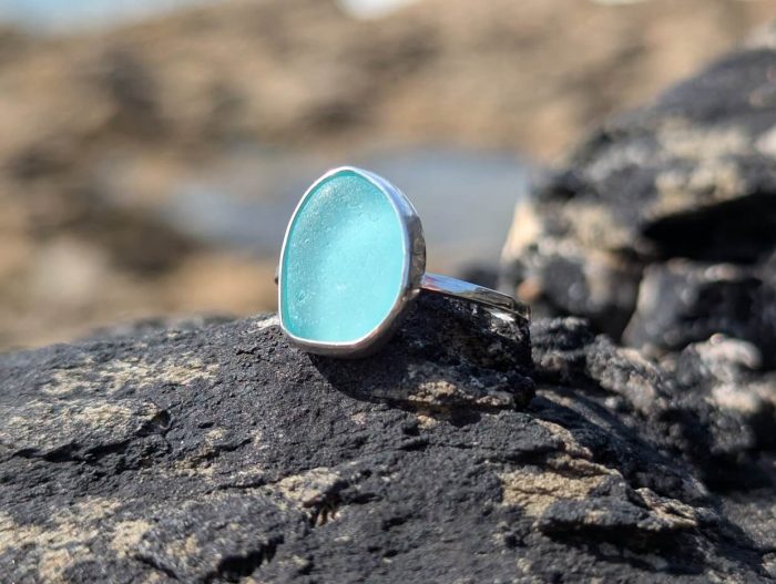 Aqua Sea Glass Ring 925 Sterling Silver • Size L - Image 2
