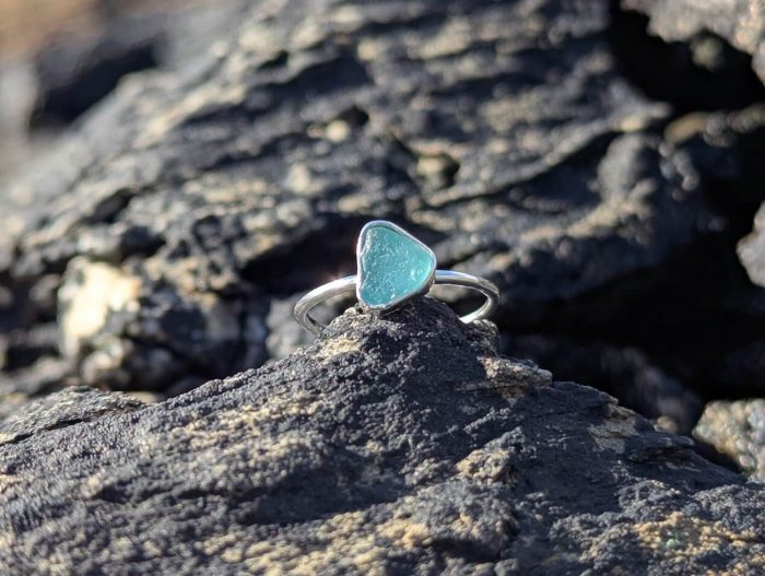 Aqua Sea Glass Ring 925 Sterling Silver • Size K - Image 2