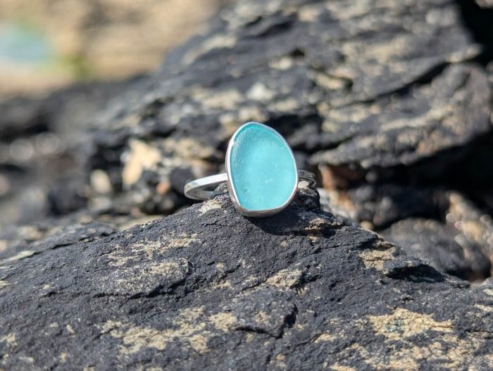 Aqua Sea Glass Ring 925 Sterling Silver • Size L - Image 3