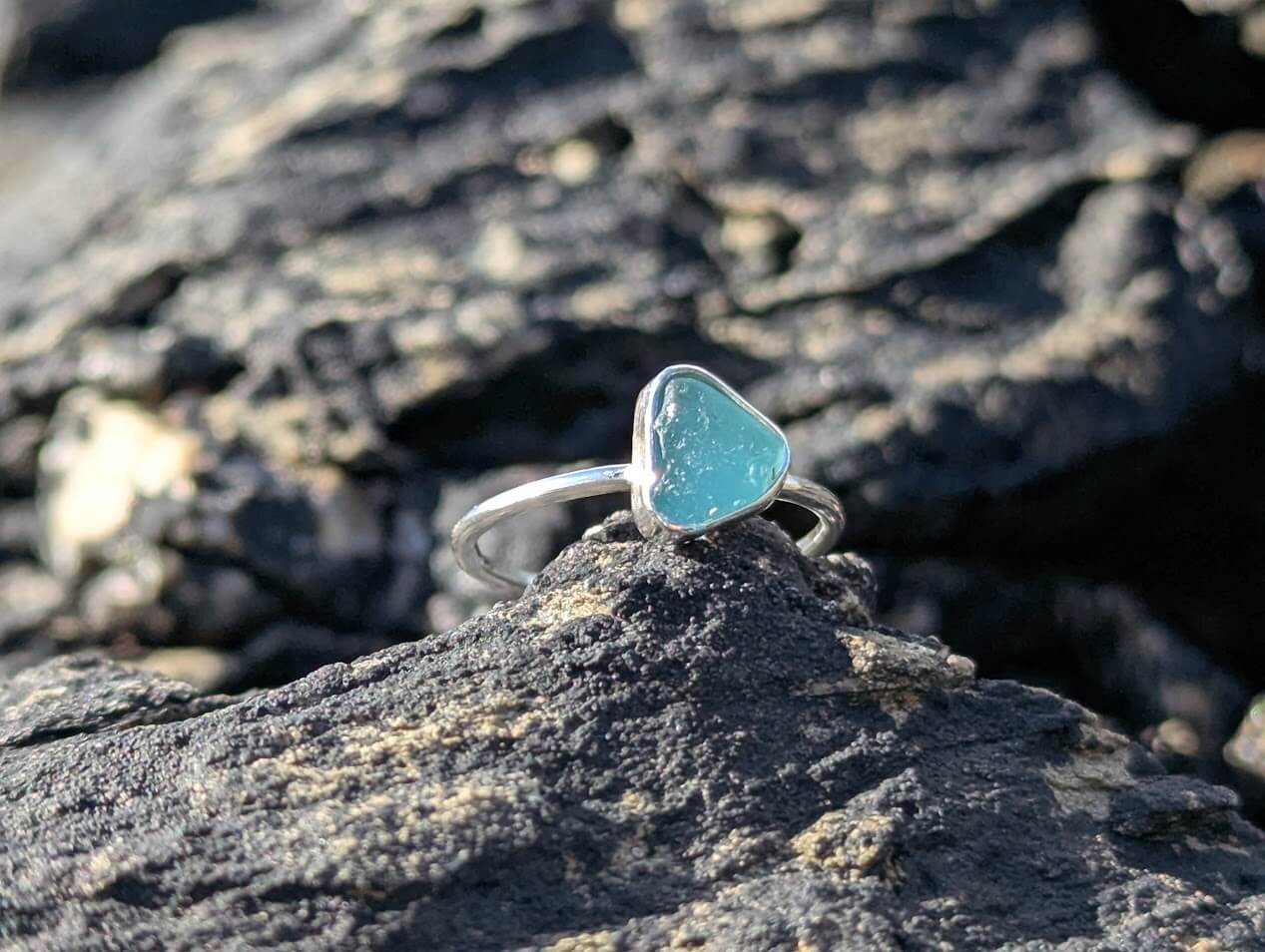 Aqua Sea Glass Ring 925 Sterling Silver • Size K - Image 3