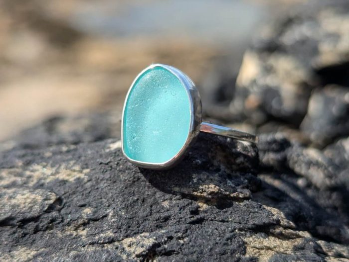 Aqua Sea Glass Ring 925 Sterling Silver • Size L - Image 4