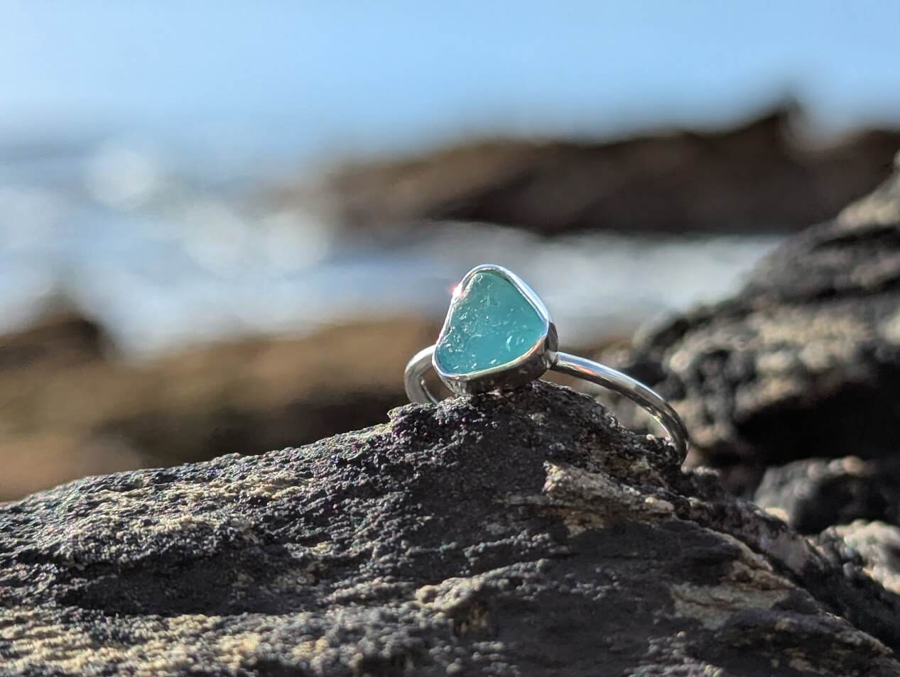 Aqua Sea Glass Ring 925 Sterling Silver • Size K - Image 4