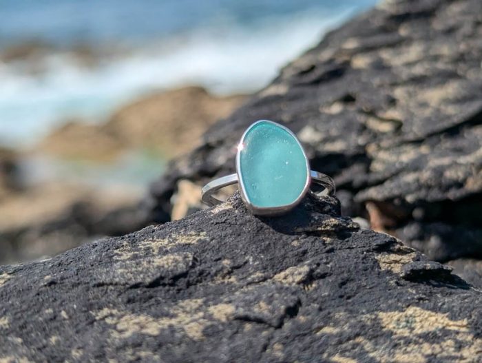 Aqua Sea Glass Ring 925 Sterling Silver • Size L - Image 5