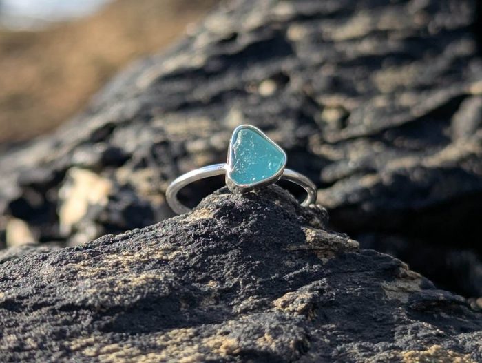 Aqua Sea Glass Ring 925 Sterling Silver • Size K - Image 5