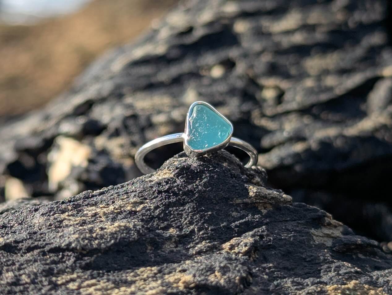 Aqua Sea Glass Ring 925 Sterling Silver • Size K - Image 5