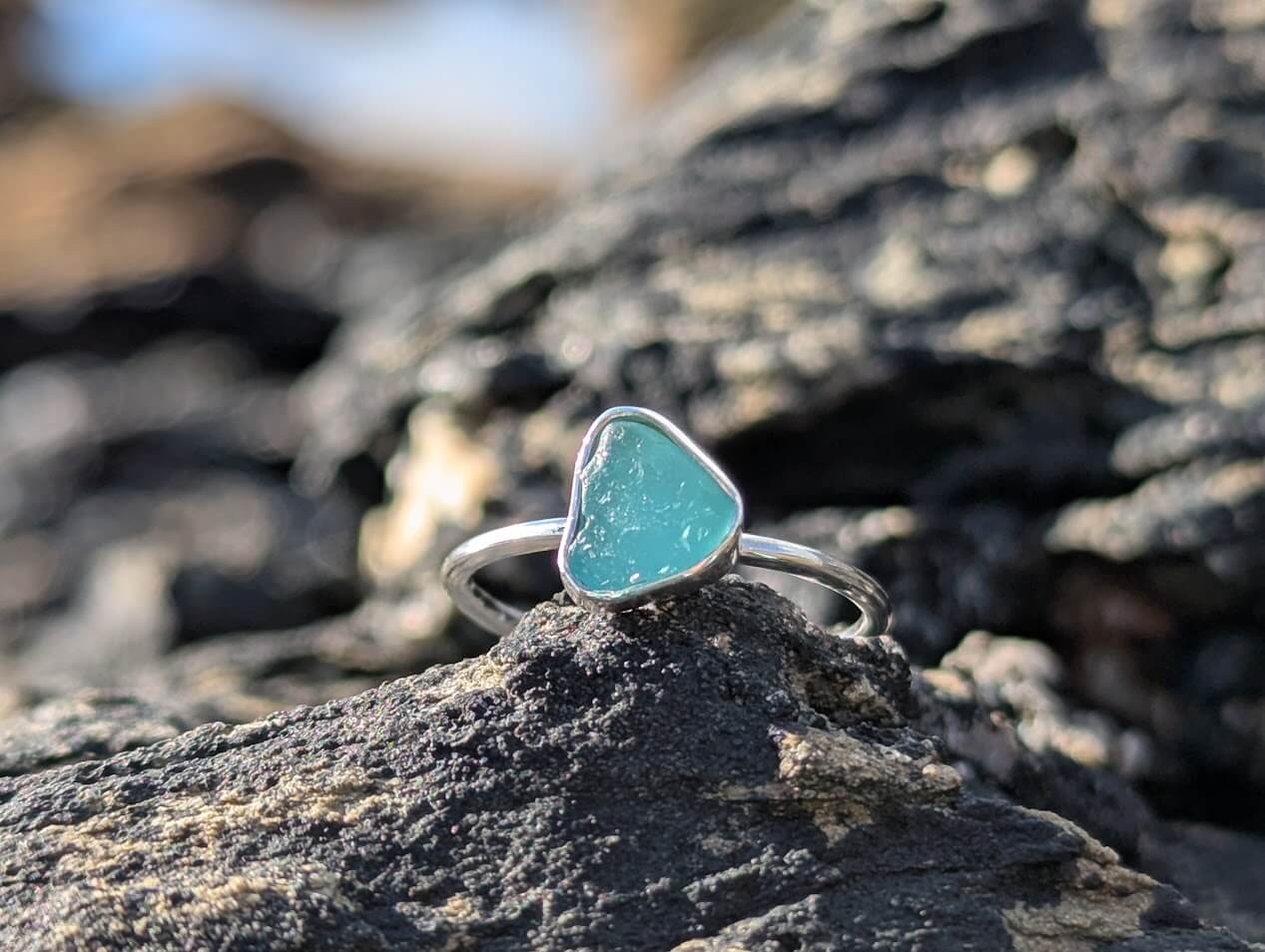 Aqua Sea Glass Ring 925 Sterling Silver • Size K - Image 6