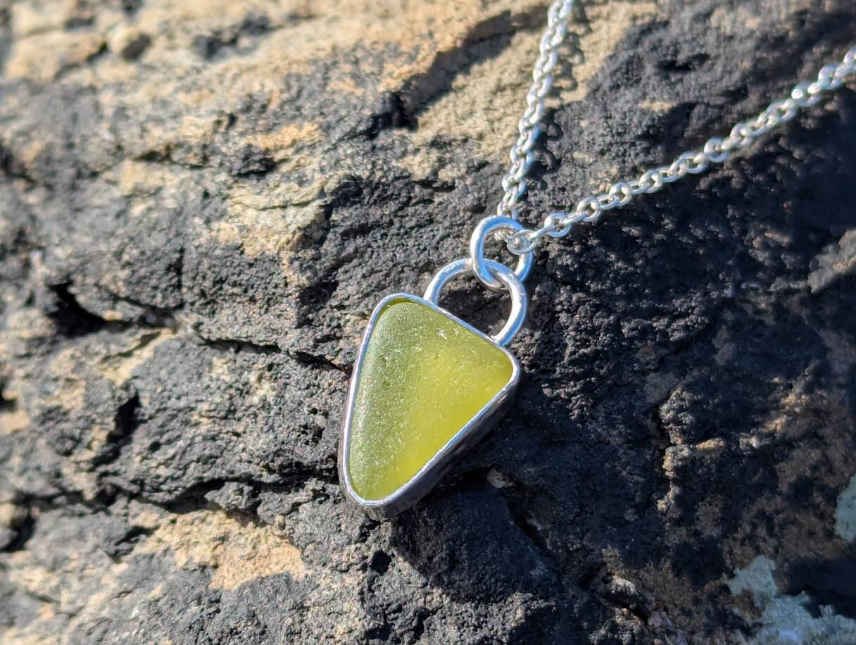Sea Glass Silver Necklace Lime Green 1