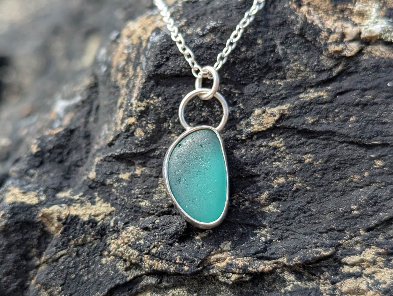 Teal Sea Glass Necklace with a 18 inch Silver Chain - Image 3