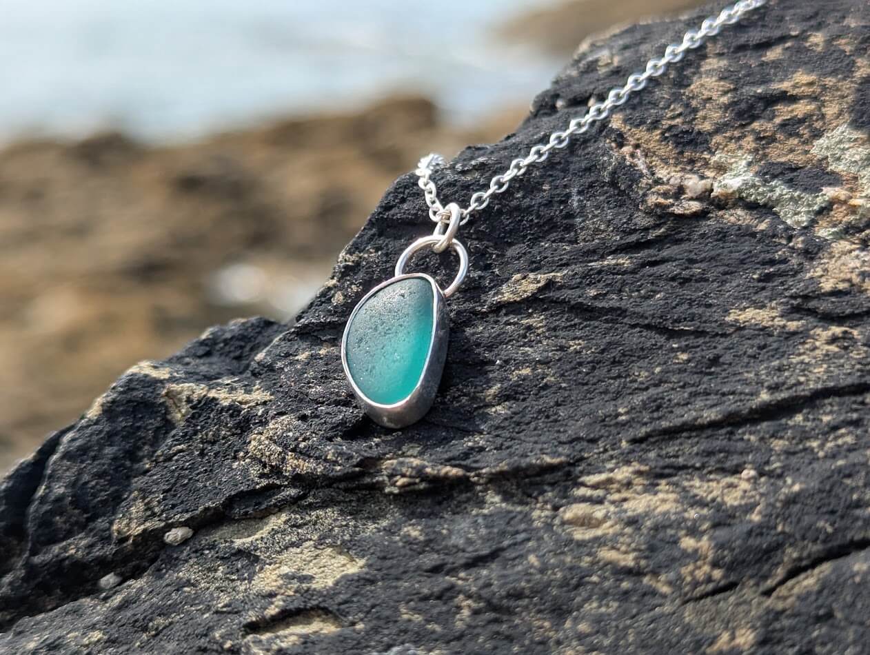 Teal Sea Glass Necklace with a 18 inch Silver Chain - Image 4