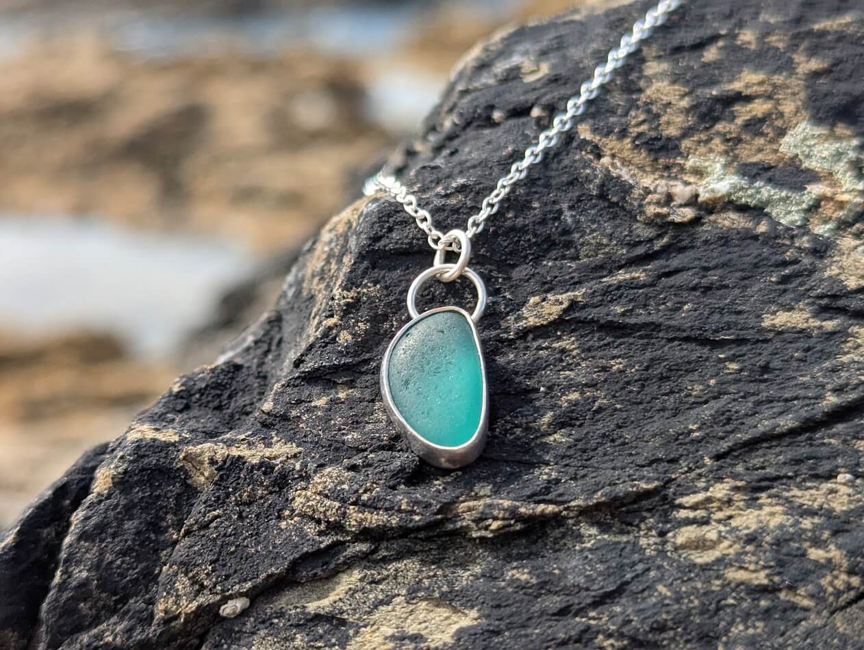 Teal Sea Glass Necklace with a 18 inch Silver Chain - Image 5