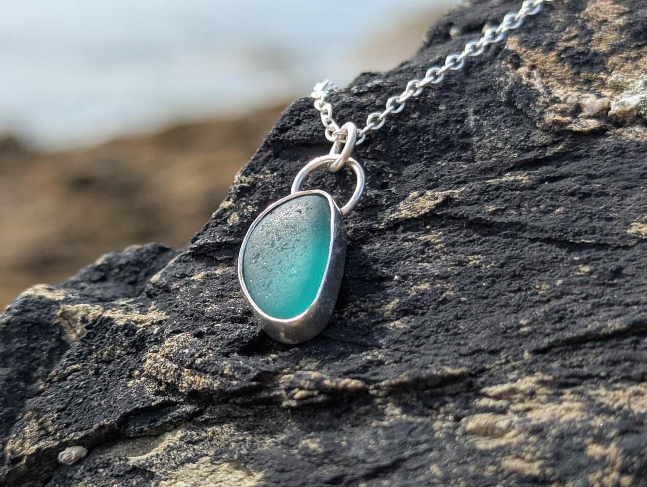 Teal Sea Glass Necklace with a 18 inch Silver Chain - Image 6